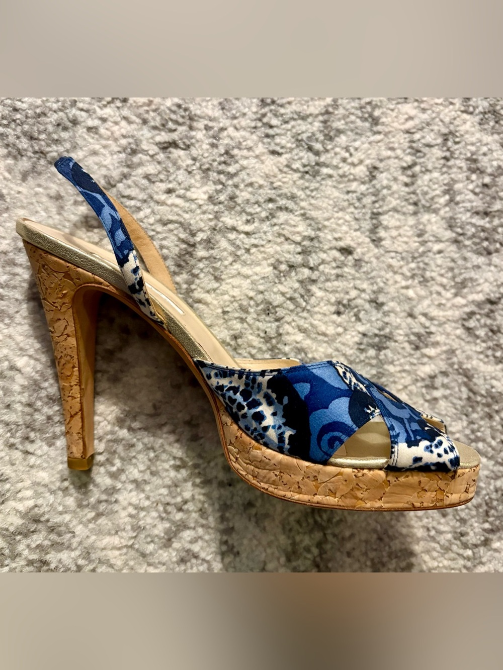 Oscar de la Renta Blue Floral Cork Platform Slingback Heels 39